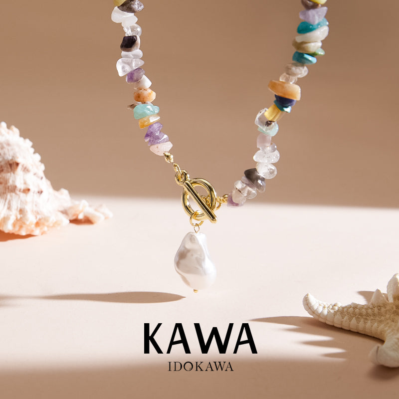 Boho Statement Necklace for Women, Vintage Multicolor Charm Necklace with Natural Gemstones and Baroque Pearl Pendant, Summer Bohemian Jewelry